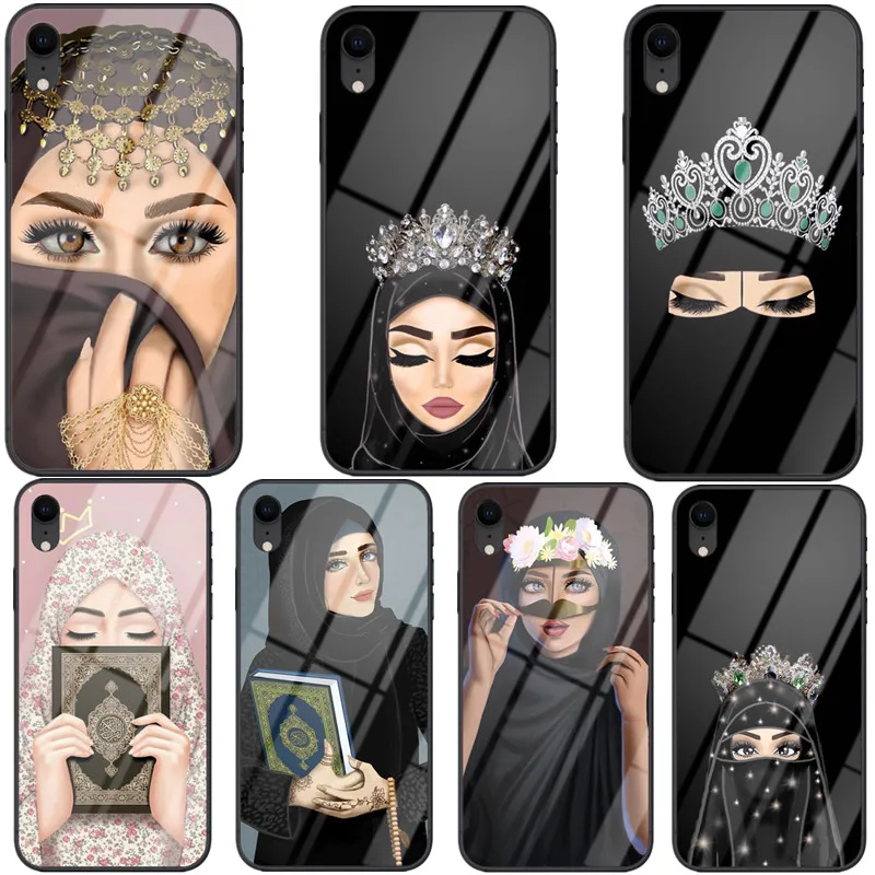 

Luxury Woman In Hijab Face Muslim Islamic Gril Eyes Tempered Glass Phone Case for iPhone X 6 6S Plus 7 8 Plus XR XS MAX Cover