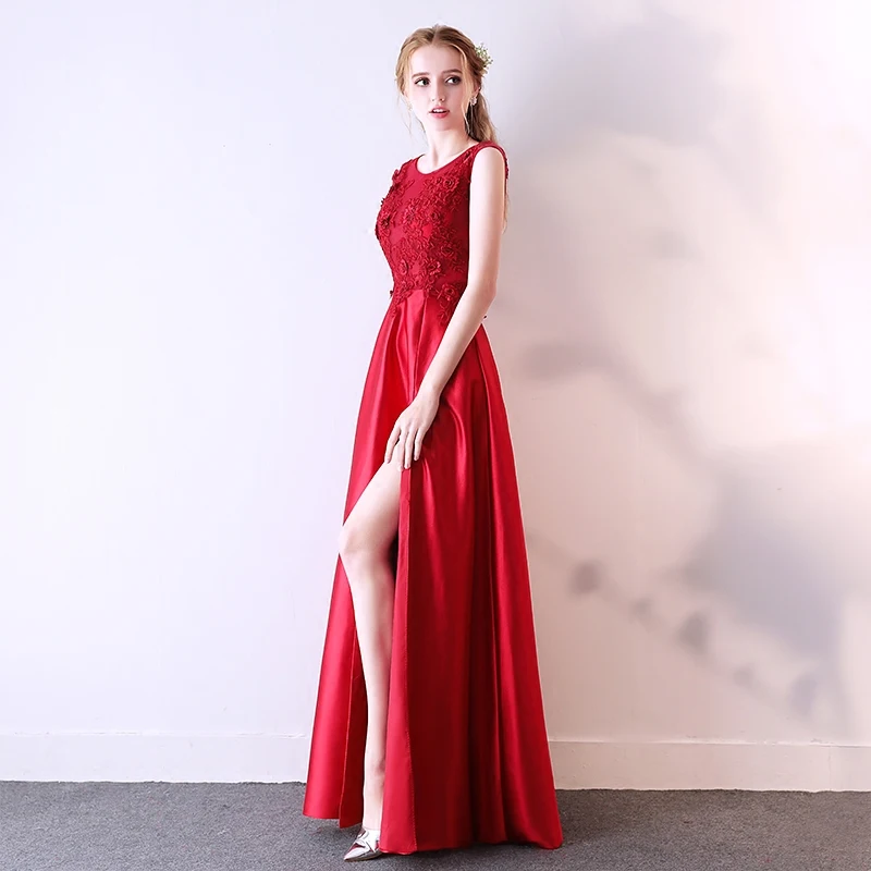 Женское вечернее платье SSYFashion элегантное атласное цвета красного вина с высоким