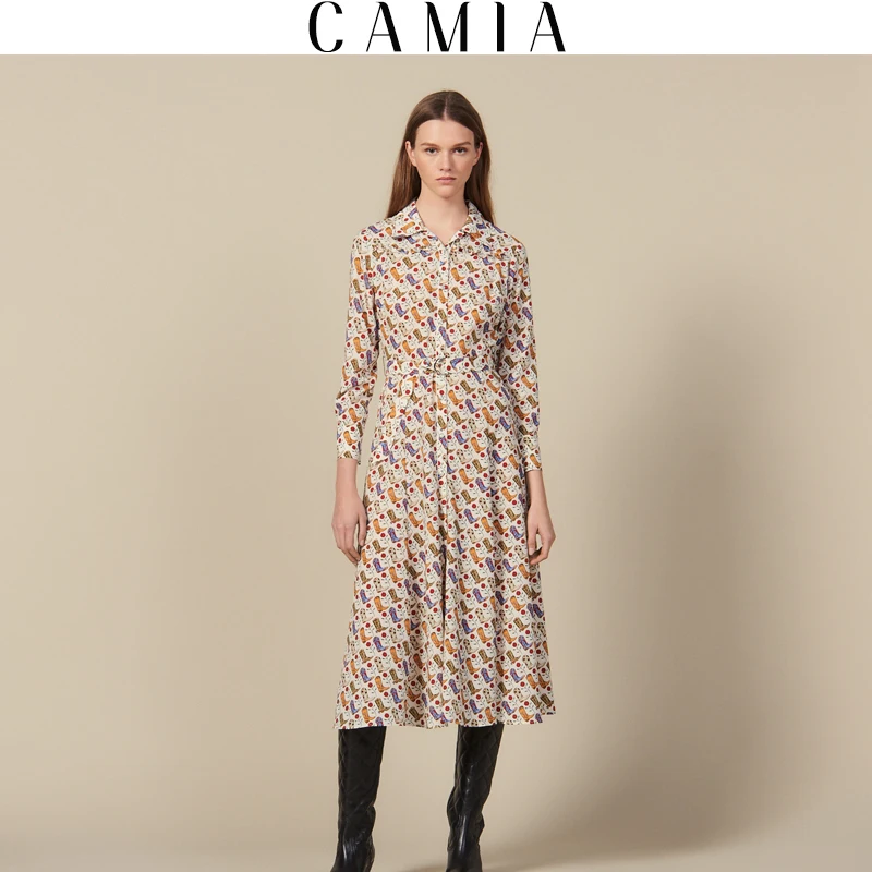 

CAMIA autumn woman dress sandro new cowboy boots print pattern long dress robes female