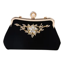 

Female Velvet Diamond Pearl Handbag Vintage Velour Crystal Flower Design Evening Bag Wedding Party Bride Clutch Velour Bag Purse
