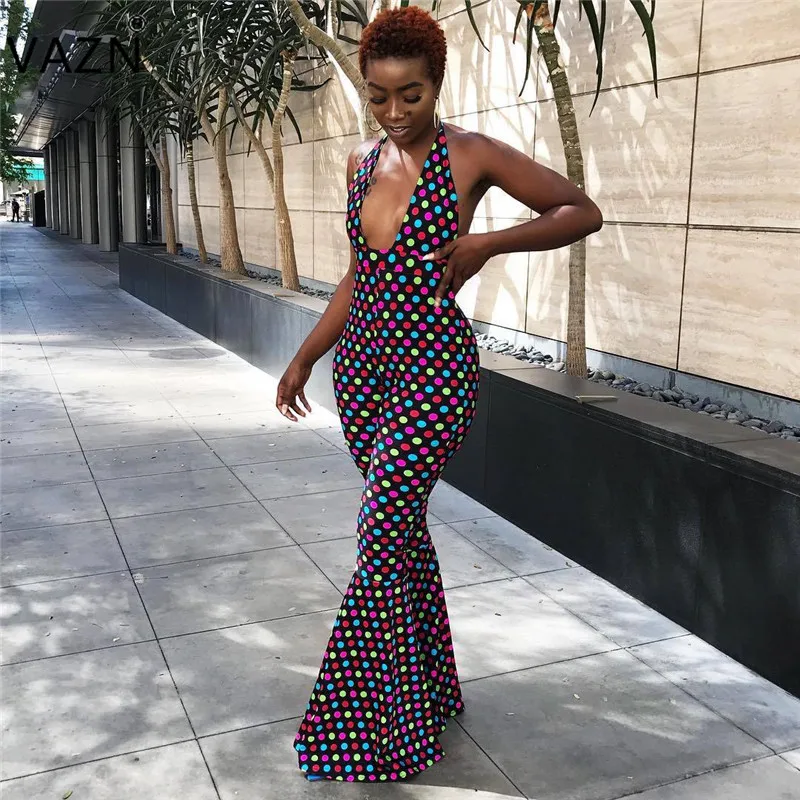 

VAZN 2018 summer hot dot long jumpsuits women halter deep v-neck jumpsuits ladies sleeveless backless flare leg jumpsuits S683