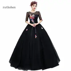 Ruthshen черный Выпускные платья 2018 Новый Дешевое вечернее платье Половина рукава Вышивка Цветочный вечерние для женщин настоящая фотография