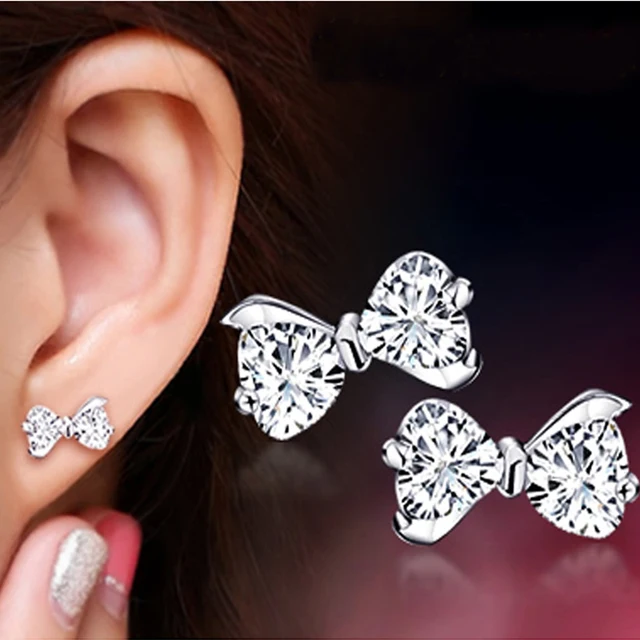 2018 New Simple Style Double Crystal Bow Design Stud Earrings Silver 2018 New Simple Style Double Crystal Bow Design Stud Earrings Silver Plated Women Ear Jewelry