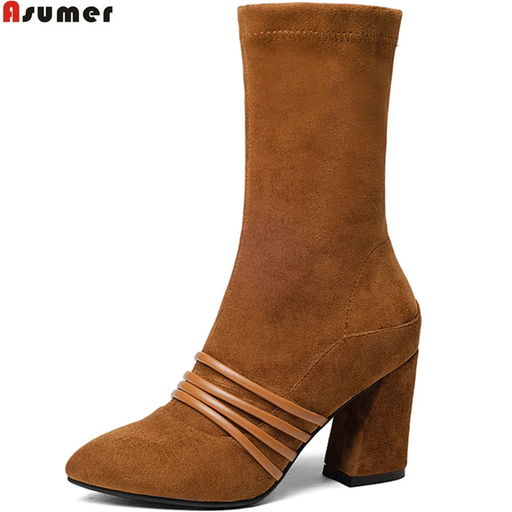 Asumer/модные черные Новое поступление, женские ботинки с острым носком обувь на квадратном каблуке ботильоны из флока элегантные и удобные