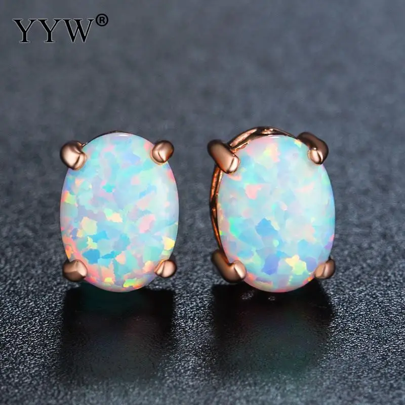 YYW женские офисные подарки 6x8 мм розово-золотого цвета мини маленькие серьги-гвоздики Овальный натуральный белый опал камень серьги-гвоздики Pendientes