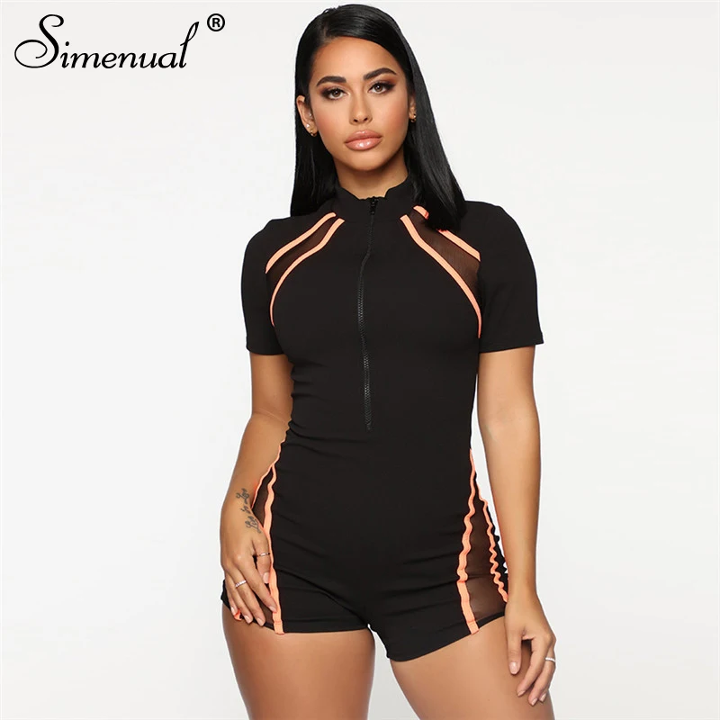 Simenual Mesh Patchwork Rompers Womens Jumpsuit Fitness Casual Zipper Workout Active Wear Playsuit Short Sleeve Sportswear 2019 Simenual Mesh Patchwork Rompers Womens Jumpsuit Fitness Casual Zipper Workout Active Wear Playsuit Short Sleeve Sportswear 2019