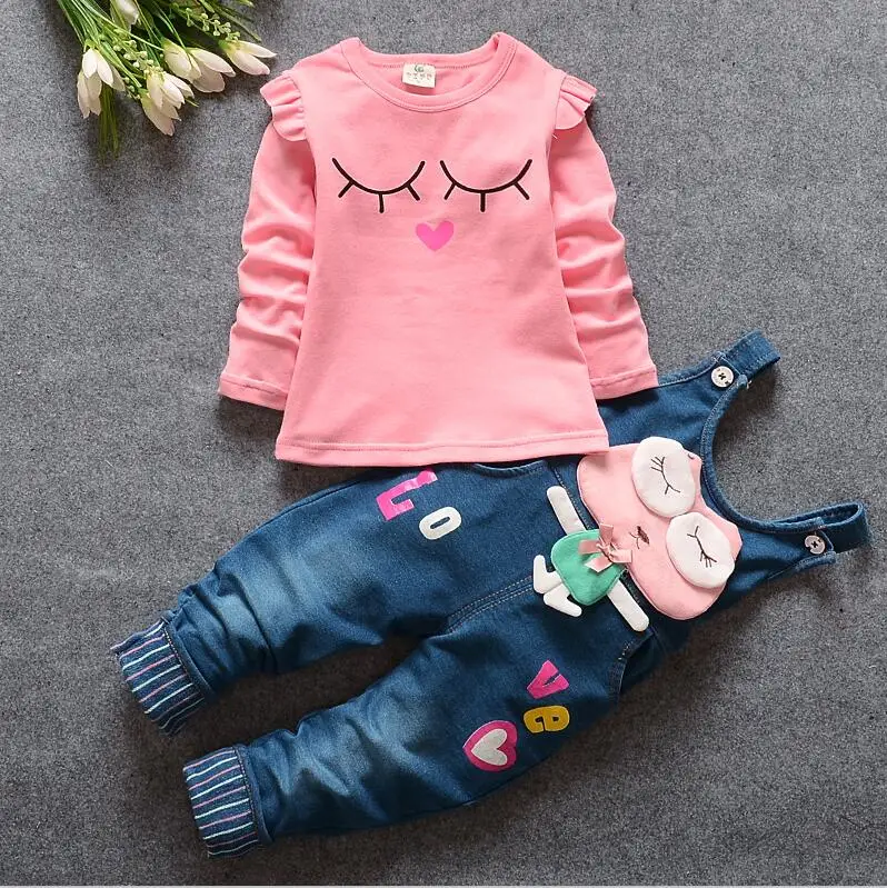 BibiCola/Новые весенне-осенние комплекты одежды для девочек детская одежда футболка с длинными рукавами и рисунком+ комбинезон Детские костюмы для девочек из 2 предметов - Цвет: pink