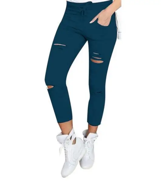 Новые женские брюки-карандаш из чистого хлопка с дырками - Цвет: Синий