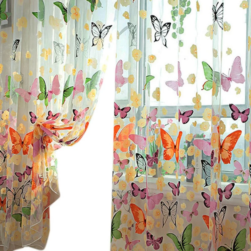 

Rustic Romantic Butterflies Tulle Curtain Livingroom Window Screening Customize Finished Products Balcony Curtain Panel