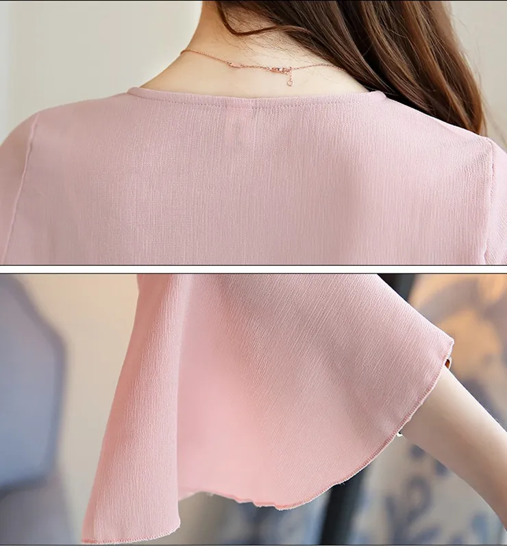 Women Blouses 2018 Elegant Summer Shirts Ladies Solid O-Neck Three Quarter Sleeve Blusas Femininos Casual Pink Tops Ete (11)