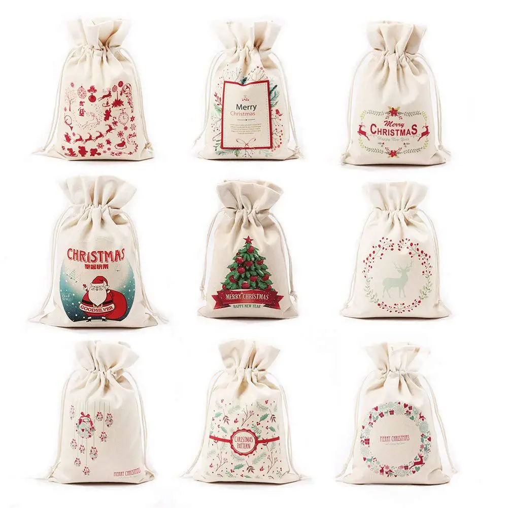 

9 PCS Bulk Canvas Drawstring Bag Christmas Small Candy Storage Reusable