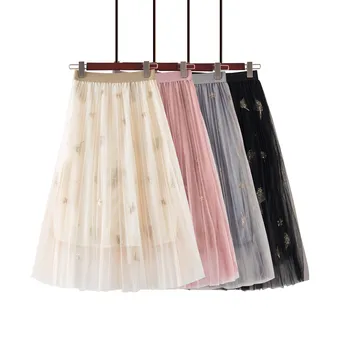 

Women's Tulle Plain Pleated Skirt 2019 New Fashion Shiny Black Beige Pink Gray Mesh Midi Skirt High Waist Woman Skirts Drop 3.29