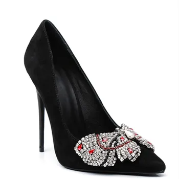 

Yellow suede bow pointed crystal high heels 2019 new ladies party fashion wedding dress shoes