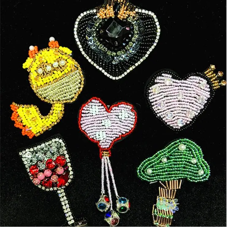 

1Pcs Rhinestone mushroom and Crown love Beaded Patch for Clothing Sewing Beading Applique Clothes Shoes Bags Decoration Patch