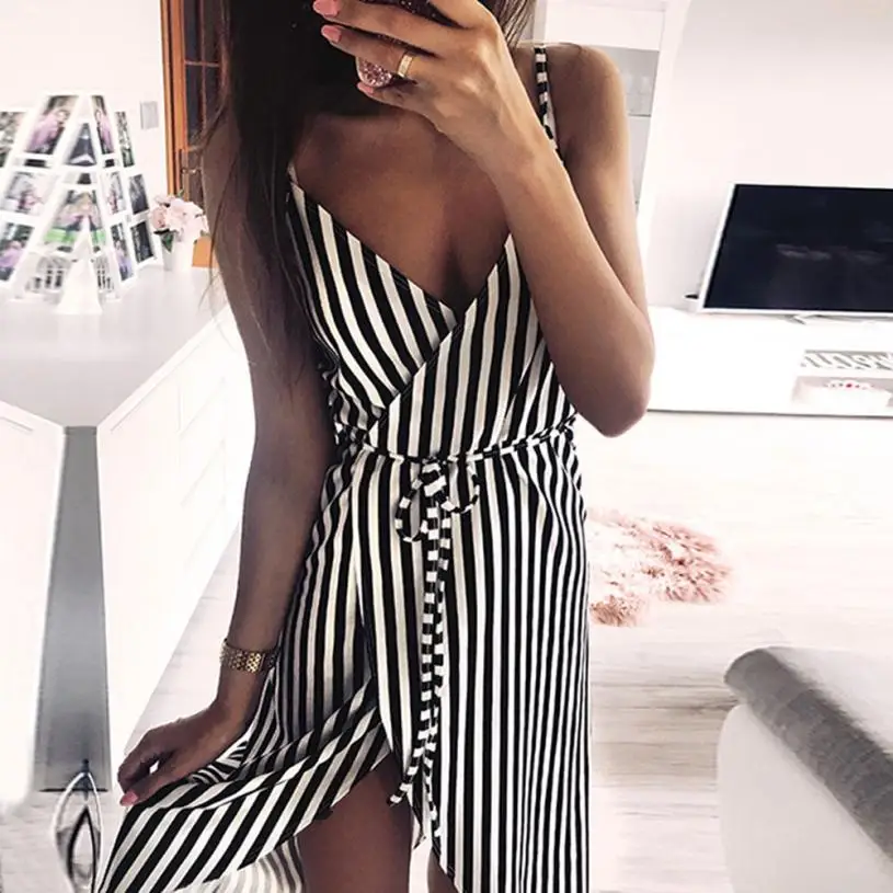 

Dress Women Stripe Printing Sleeveless Off Shoulder Dress Evening Party Vest Empire Sashes Dress Women Clothes