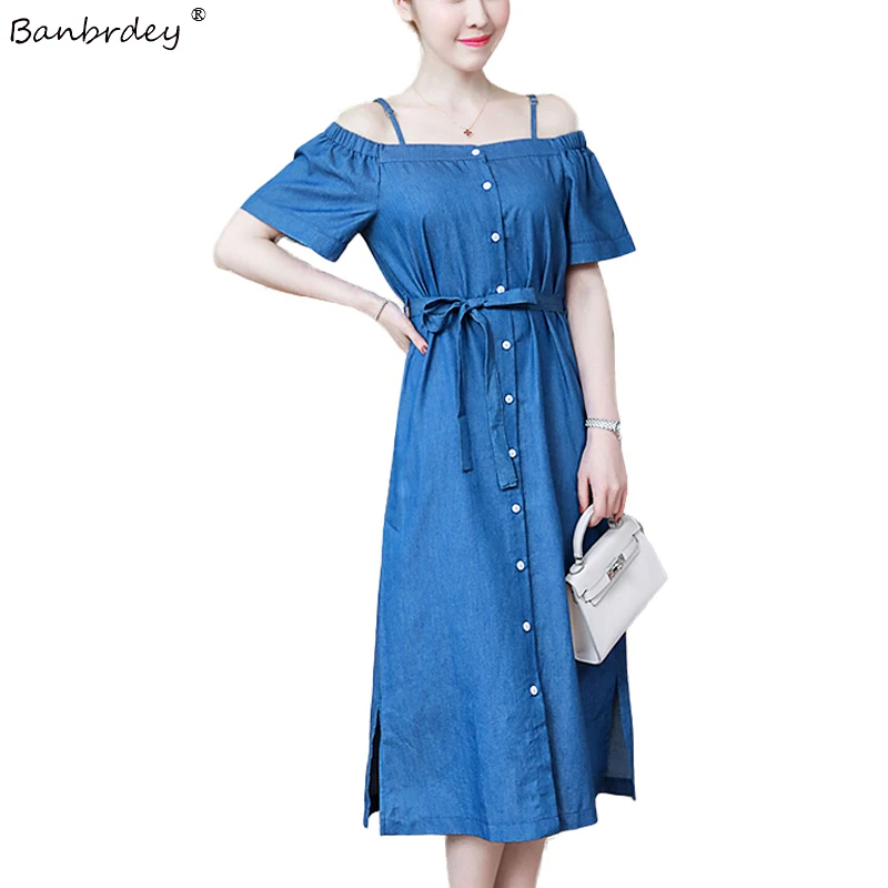 

2018 Women Fashion Summer Denim DressOff Shoulder Short Sleeve Long Jeans Dresses Elegant Single-breasted Sexy Dress vestidos