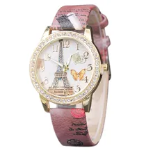 relojes mujer 2017 women watches Butterfly Tower Pattern Leather Band Analog Quartz Vogue Watches relogios femininos