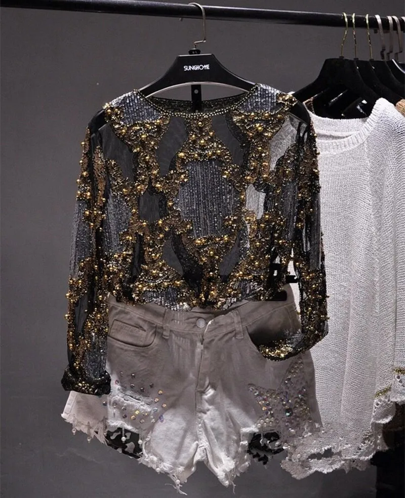 

In stock 2019 Runway Women Sexy Mesh Bling Bling Transparent Beading Long Sleeve Lace Shirt Top HOT Sell Sequined Shirt