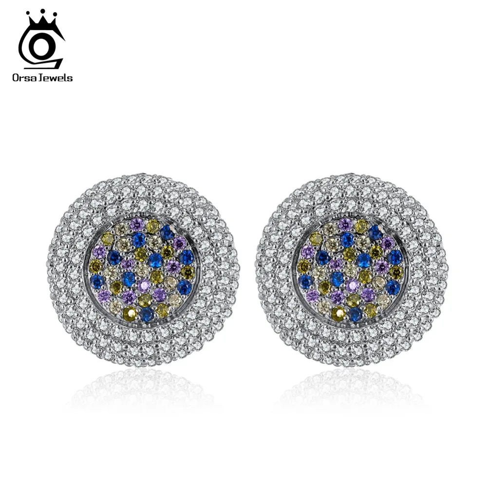 

ORSA JEWELS Women Stud Earrings Round Shape AAA Full Pave Colorful CZ 20 MM Female Luxury Delicate Gorgeous Party Jewelry OE188