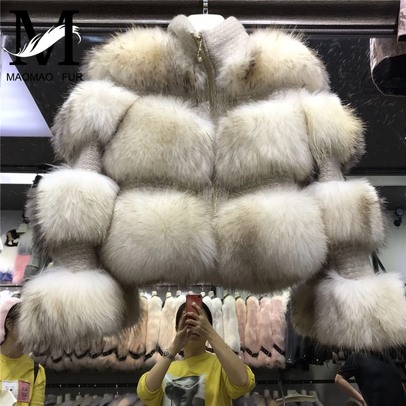 Real Raccoon Dog Fur Coat Women Short Slim Natural Fur Jackets Winter