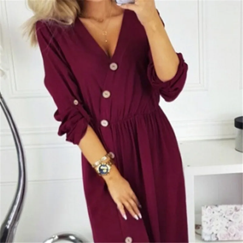 

Hot Sale Lady Sexy V Neck Dress 2018 Woman Beach Button Pocket Midi Swing Dresses Holiday Vintage Long Sleeve Autumn Solid Dress