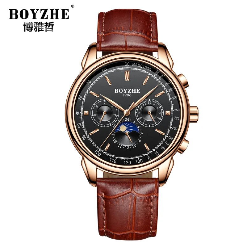 BOYZHE men's mechanical watch automatic movement durable leather watch