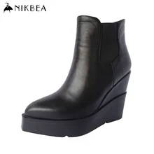 2016 Nikbea Brand Winter Chelsea Boots Ankle Boots for Women Sexy Wedge Boots Leather Black Platform Booties Ladies High Heels