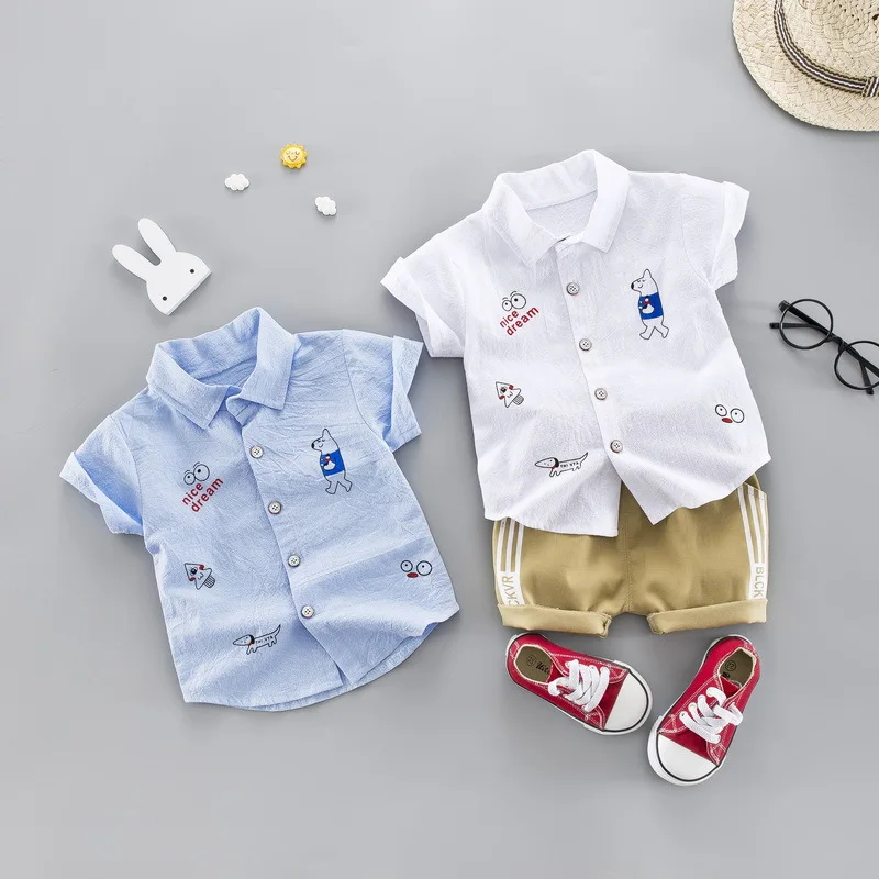 

Fashion Summer Baby Boys 2-Pieces Clothing Sets Cotton Short-Sleeved Cartoon Print Shirt + Khaki Shorts For 70-110cm