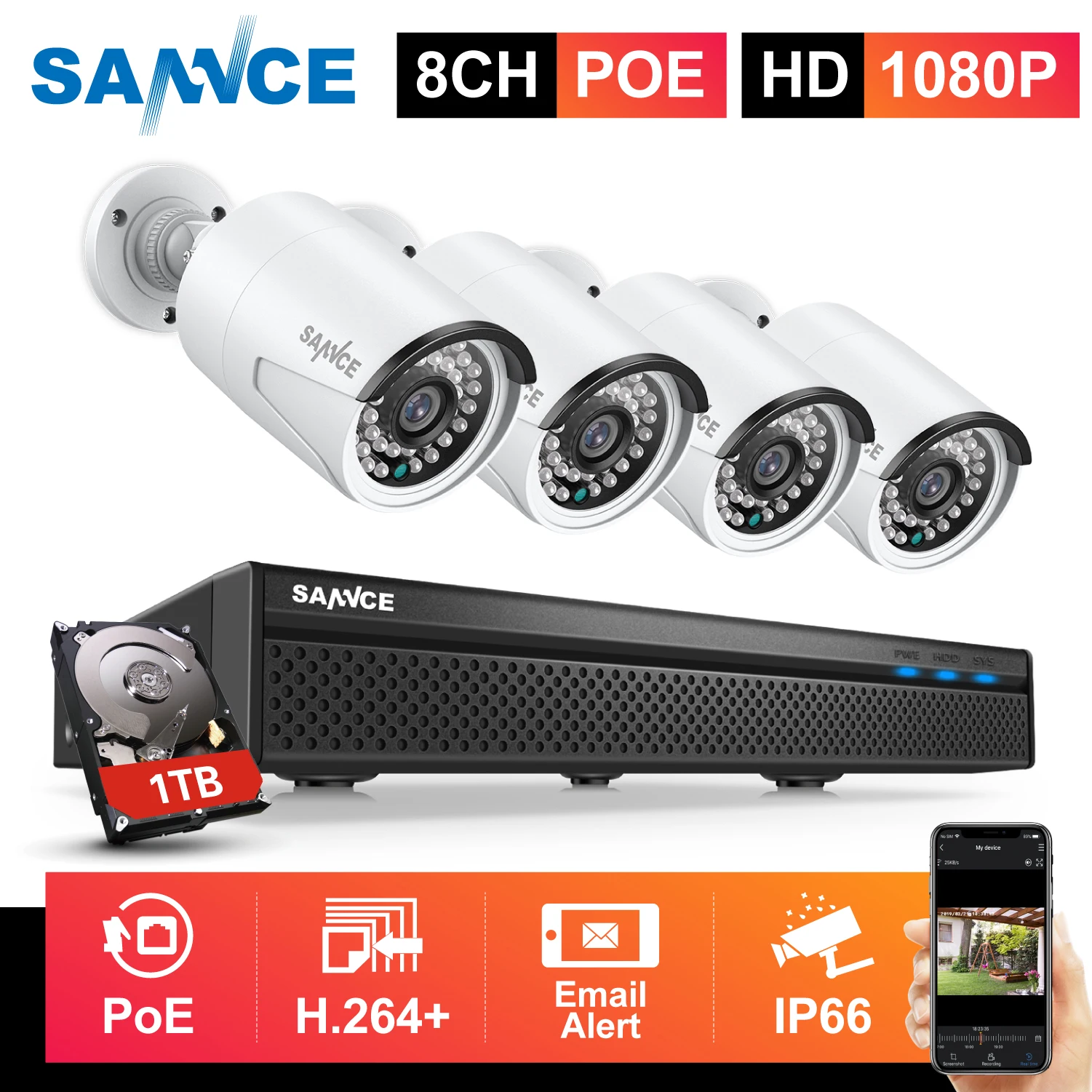 SANNCE 1080P 8CH FHD PoE Network Video Security System 4*1080P HD Weatherproof Cameras with Smart IR LEDs Surveillance CCTV Kit