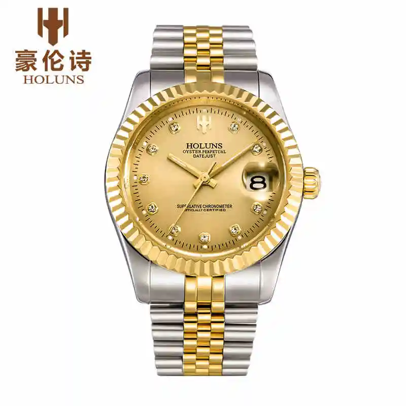 HOLUNS часовой бренд Для мужчин Datejust сапфир Стекло золотые часы автоматические