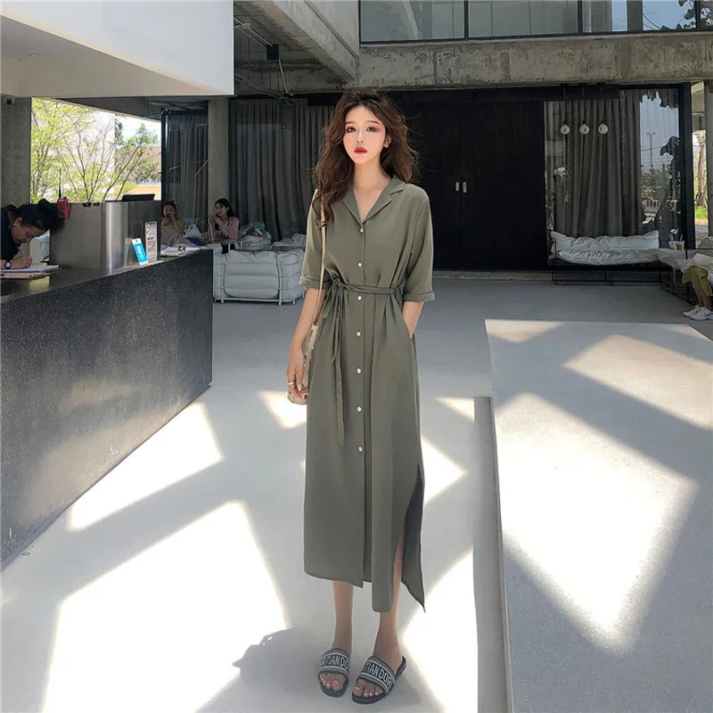 

Summe Chiffon Women Solid Short Sleeve Open Fork Design Long Dress Casual Button High Waist Elegant Temperament Female Dresses