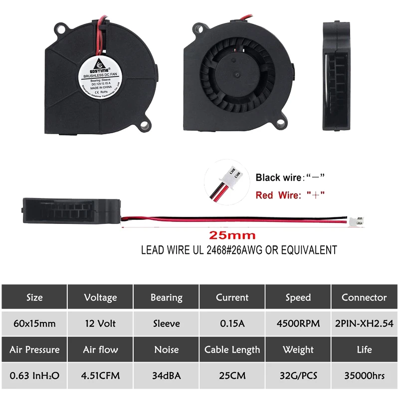GDSTIME 2 шт. 60x15 мм 6015 60 мм 12 в кулер вентилятор турбо бесщеточный 3d принтер DC воздуходувы Охлаждающие вентиляторы