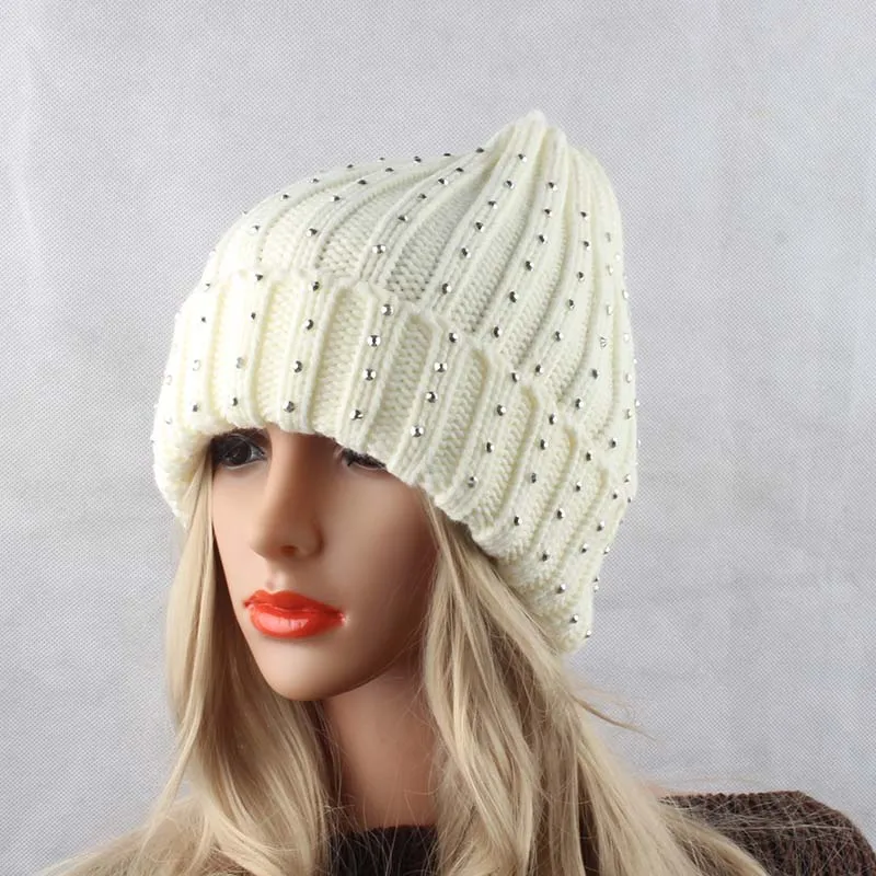 Зимние теплые Шапки для Для женщин толстый вязаный Стразы шапки бини шапки женские Повседневное шапки шапочки шляпа