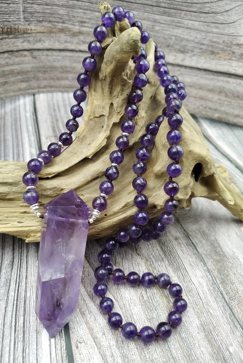 

YA3997 Natural Amethysts Point Amethysts Beads Knotted Handmade Necklace