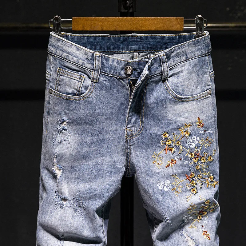 2019 новые модные джинсы высокого качества светло-голубого цвета с цветочной вышивкой в европейском стиле, узкие Стрейчевые брюки с