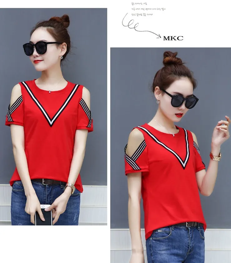 Casual T-shirts Women 2018 Fashion Patchwork Tops Tees Femme Short Sleeve Open Shoulder Tshirts Femininas Poleras Mujer (4)