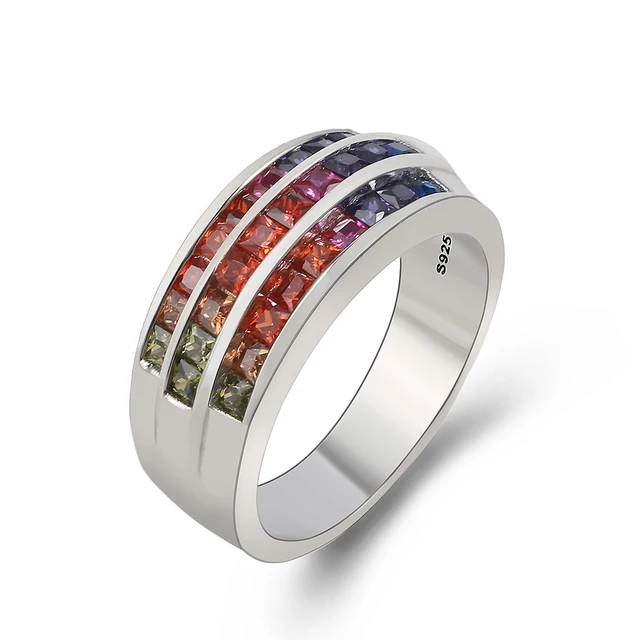 TL 925-Sterling-Silver Rings Fashion Design Big Silver Ring Inlaid Austria Rainbow Zircon Handmade Trendy Ring For Women