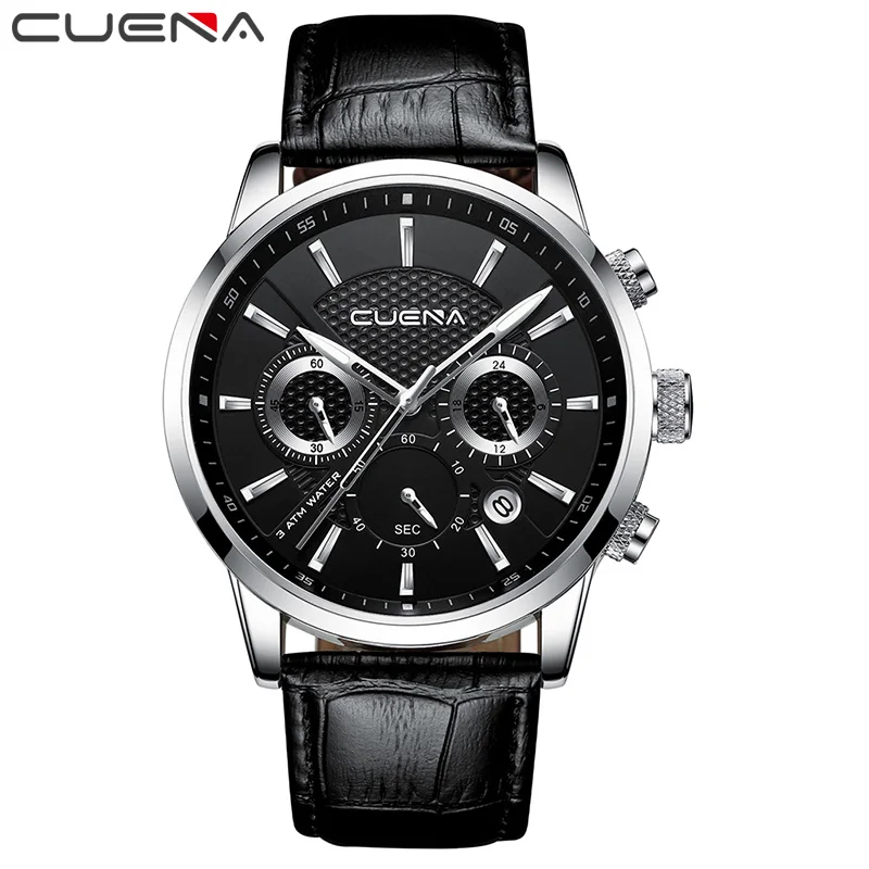 CUENA Quartz Watches Men Luxury Brand Stopwatch Date Luminous Hands Genuine Leather 30M Waterproof Male Watch Black Wristwatches CUENA Quartz Watches Men Luxury Brand Stopwatch Date Luminous Hands Genuine Leather 30M Waterproof Male Watch Black Wristwatches
