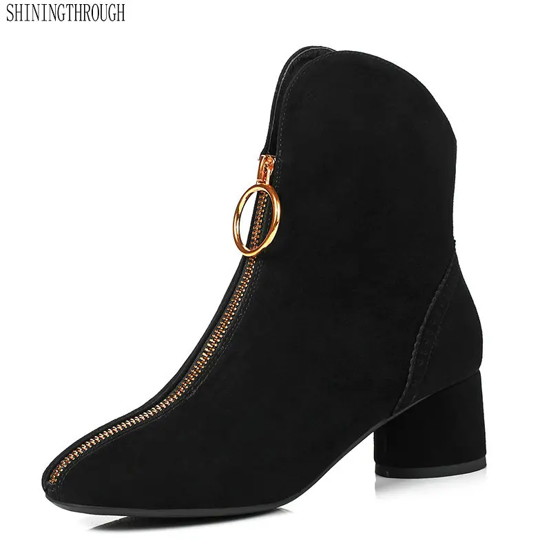 

New 5cm med heels Women Boots zipper ankle boots woman suede leather spring autumn motorcycle shoes woman large size 43 44