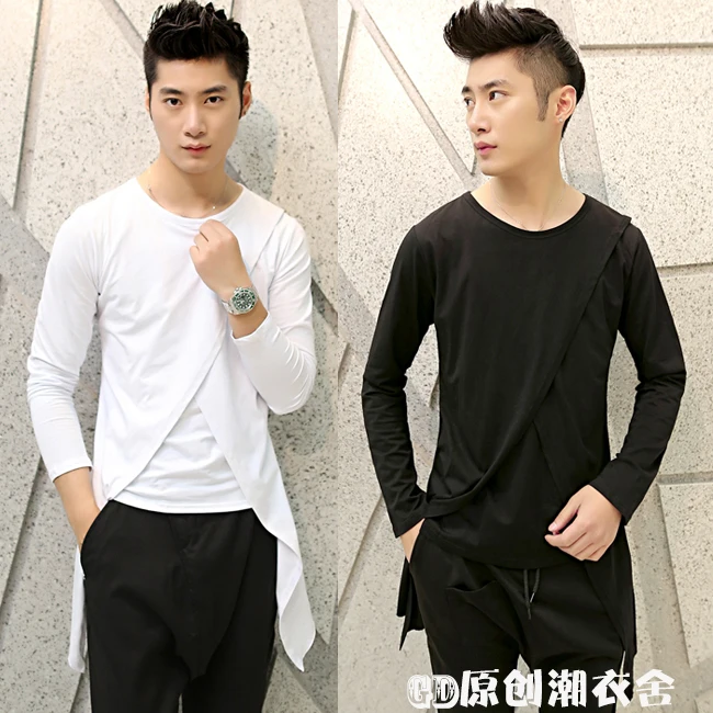 

2017 New men's T-shirt non-mainstream long design clothes slim long-sleeve personalized t-shirt faux two piece top plus size