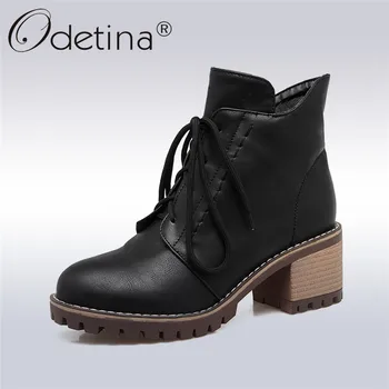 

OdetinaNew Womens Platform Thick Heel Ankle Boots Chunky Heel Lace Up Booties Side Zipper Autumn Winter Shoes Big Size 43