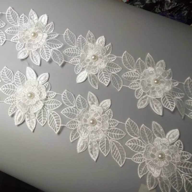 1 ярдов 9X13 см белый жемчуг цветок лист ручной работы вышитый бисером кружевной край отделка Лента для аппликации свадебное платье шитье ремесло