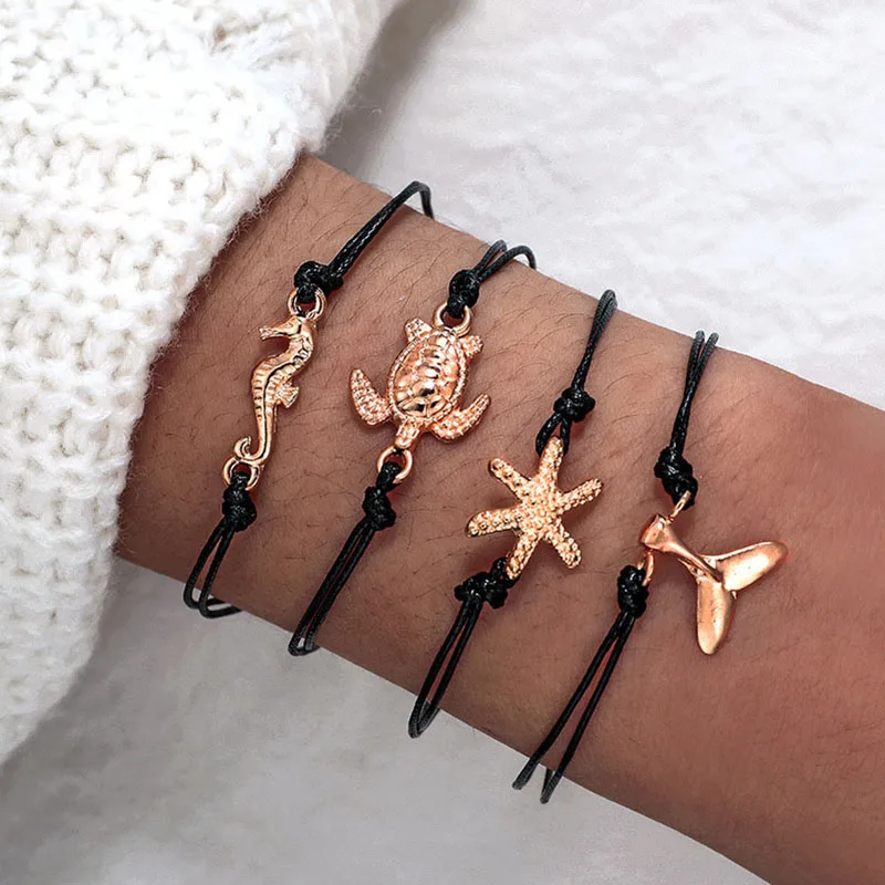 

4 Pcs/Set Sea Shell Starfish Turtle Charm Bracelet Set for Women Jewelry Black Beads Rope Chain Beach Braclets Jewelry Bohemian