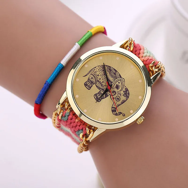 Женские часы с браслетом; Новинка года; Модные 8 цветов; плетеный браслет со слонами ручной работы; кварцевые часы с циферблатом; самые дешевые часы; reloj - Цвет: E