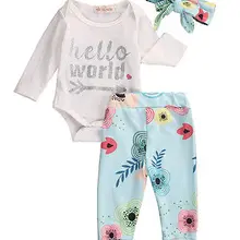 Осенняя одежда года из 3 предметов Одежда для новорожденных девочек с длинным рукавом, комбинезон с надписью+ брюки с цветочным принтом; леггинсы+ повязка на голову, одежда, комплект