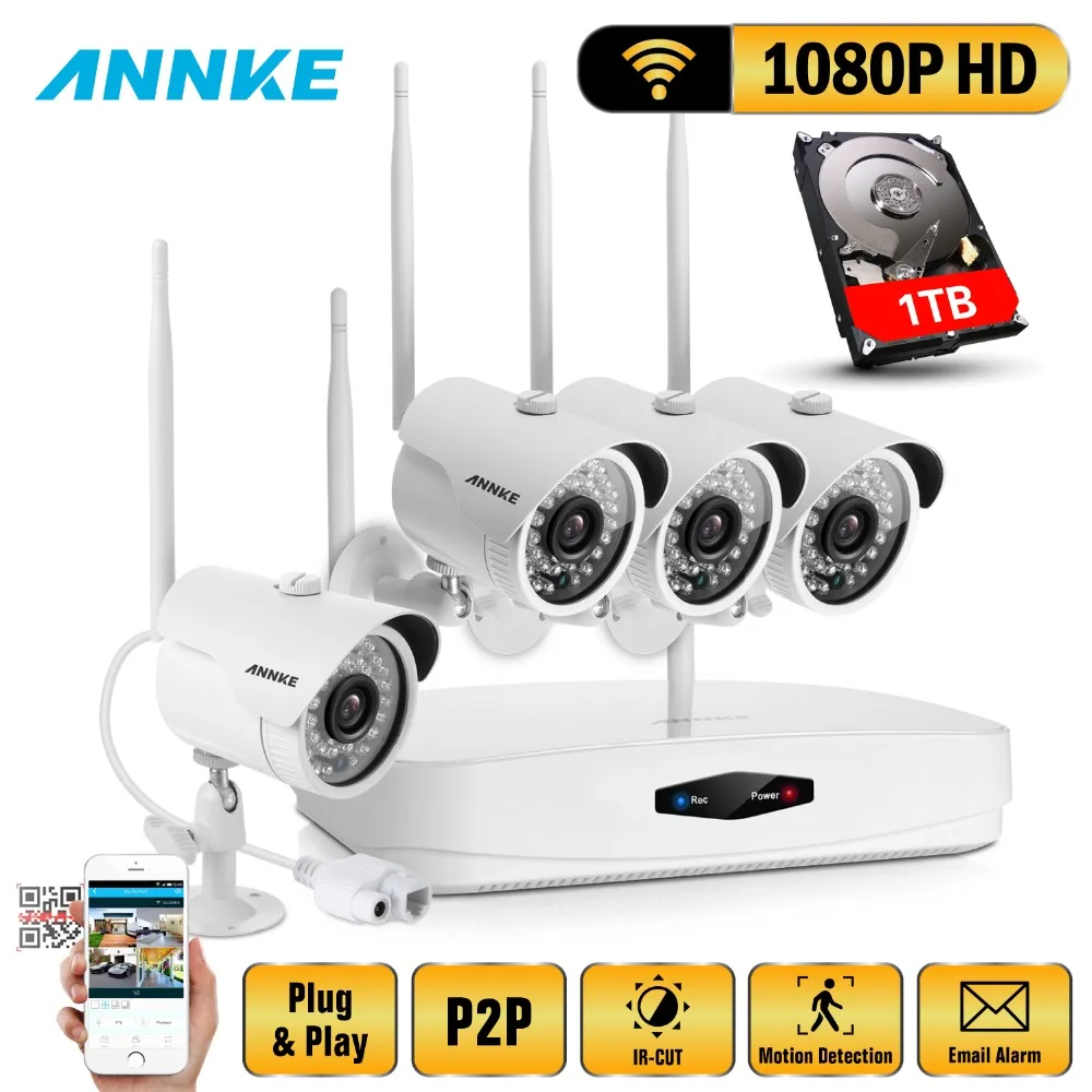 

ANNKE Wireless Wifi 200W 1080P Security Video Surveillance System 200W HDMI NVR 4pc 1080P HD Bullet Weatherproof Outdoor Camera