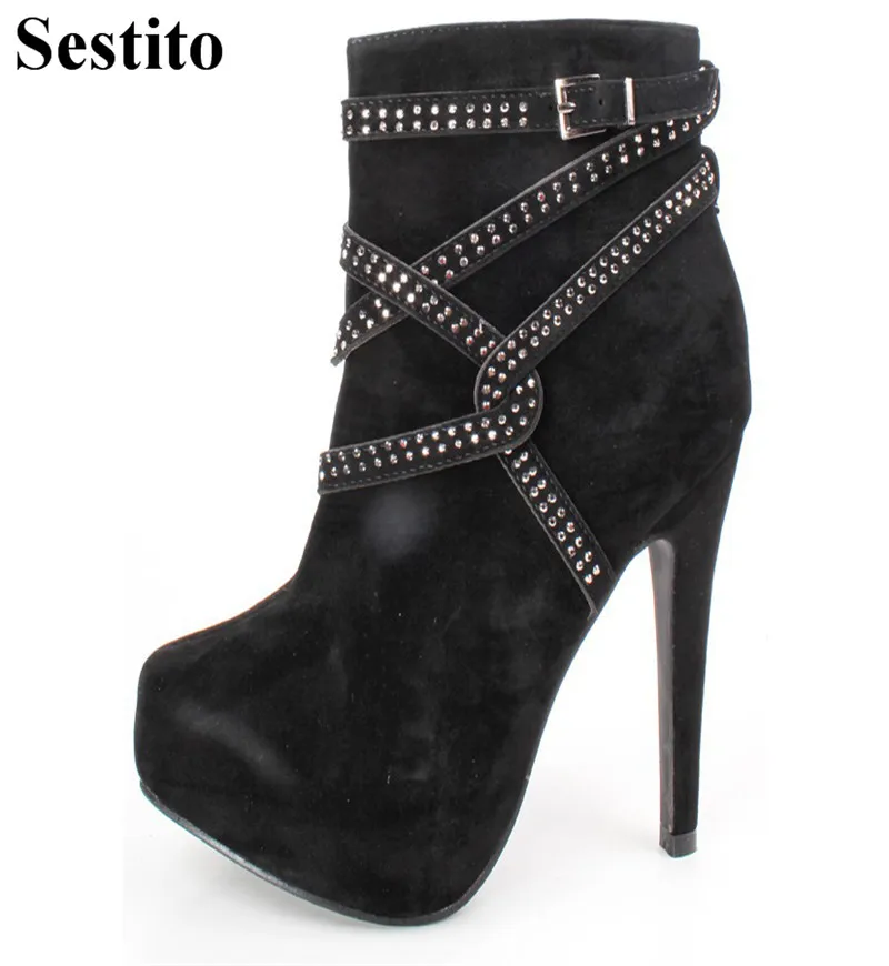 

Fashion Black Red Flock Cross-tied Rivet Woman Boots Round Toe Platform Ankle Boots For Women Thin Heels Zip Autumn Women Shoes