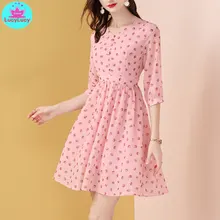 2019 summer new age-reduced slim A-line pink chiffon polka dot dress Knee-Length Zippers mesh insert polka dot knee length bodycon dress
