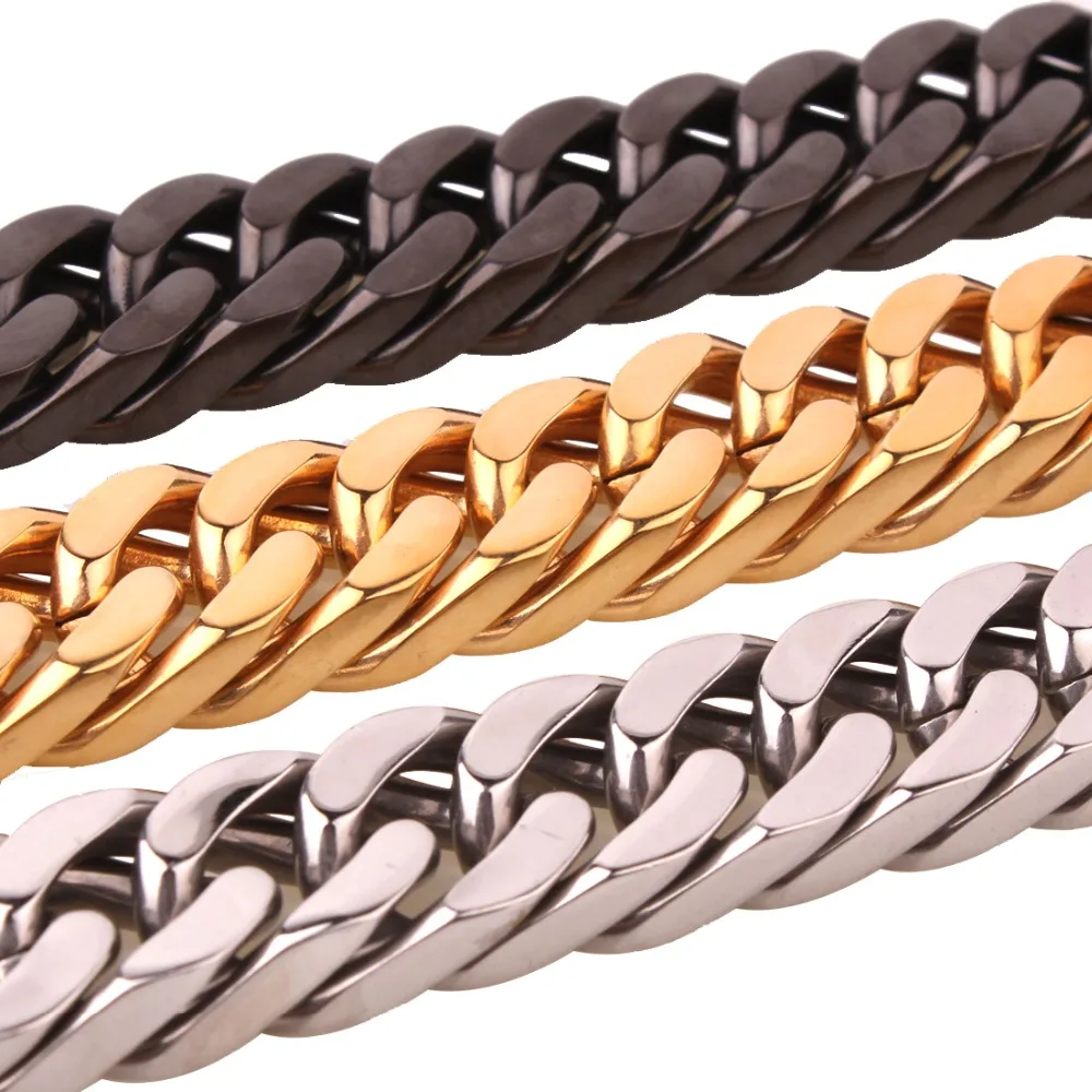 

15mm 7-40inch Hipper Stainless Steel Silver/Gold/Black Punk Cuban Curb Chain Men's Boy's Necklace Or Bracelet Jewelry Xmas Gift