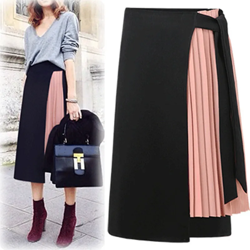 

Spring New 2019 High Waist Midi Skirt for Women Chiffon Patchwork A-Line Skirts with Sashes Women Streetwear Black Blue Skirt